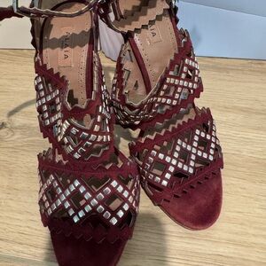 Alaia Wine Red Suede Laser-Cut Heels with Mirror Inset